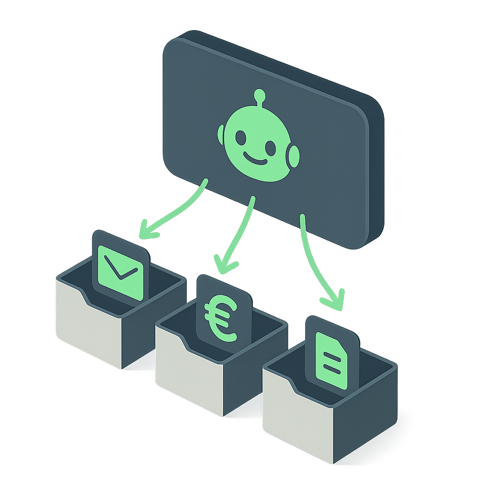 IlustraciÃ³n de asistente virtual organizando tareas en bandejas