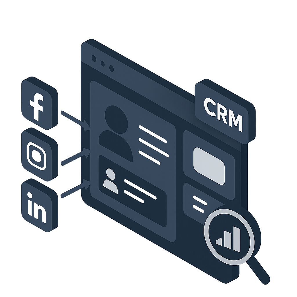 IlustraciÃ³n de sistema CRM conectado con redes sociales y paneles de datos