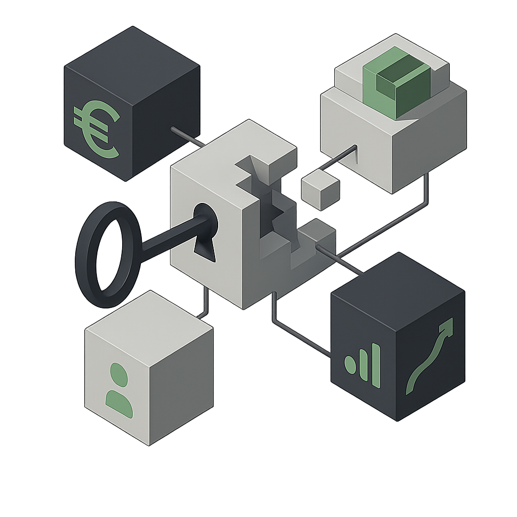 IlustraciÃ³n 3D de bloques conectados con una llave central que representa integraciÃ³n de sistemas empresariales