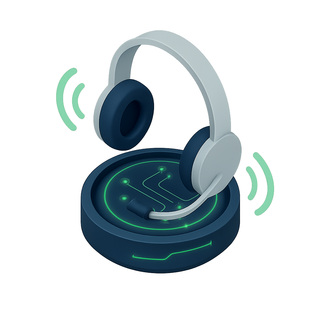 Auriculares con micrÃ³fono sobre base tecnolÃ³gica y ondas de comunicaciÃ³n que representa el contacto con la empresa