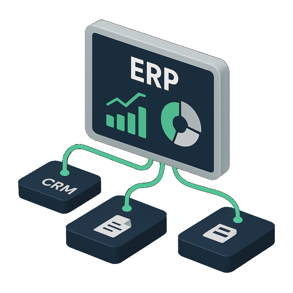IlustraciÃ³n de un ERP conectado a mÃ³dulos de CRM, finanzas y documentos