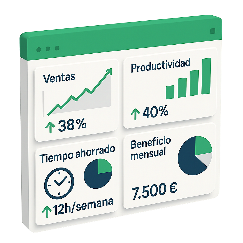 Panel de mÃ©tricas de Digital Wolf IT Solutions con incremento de ventas, productividad y ahorro de tiempo