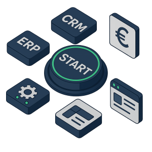 BotÃ³n Start rodeado de iconos de ERP, CRM, automatizaciÃ³n, web y facturaciÃ³n