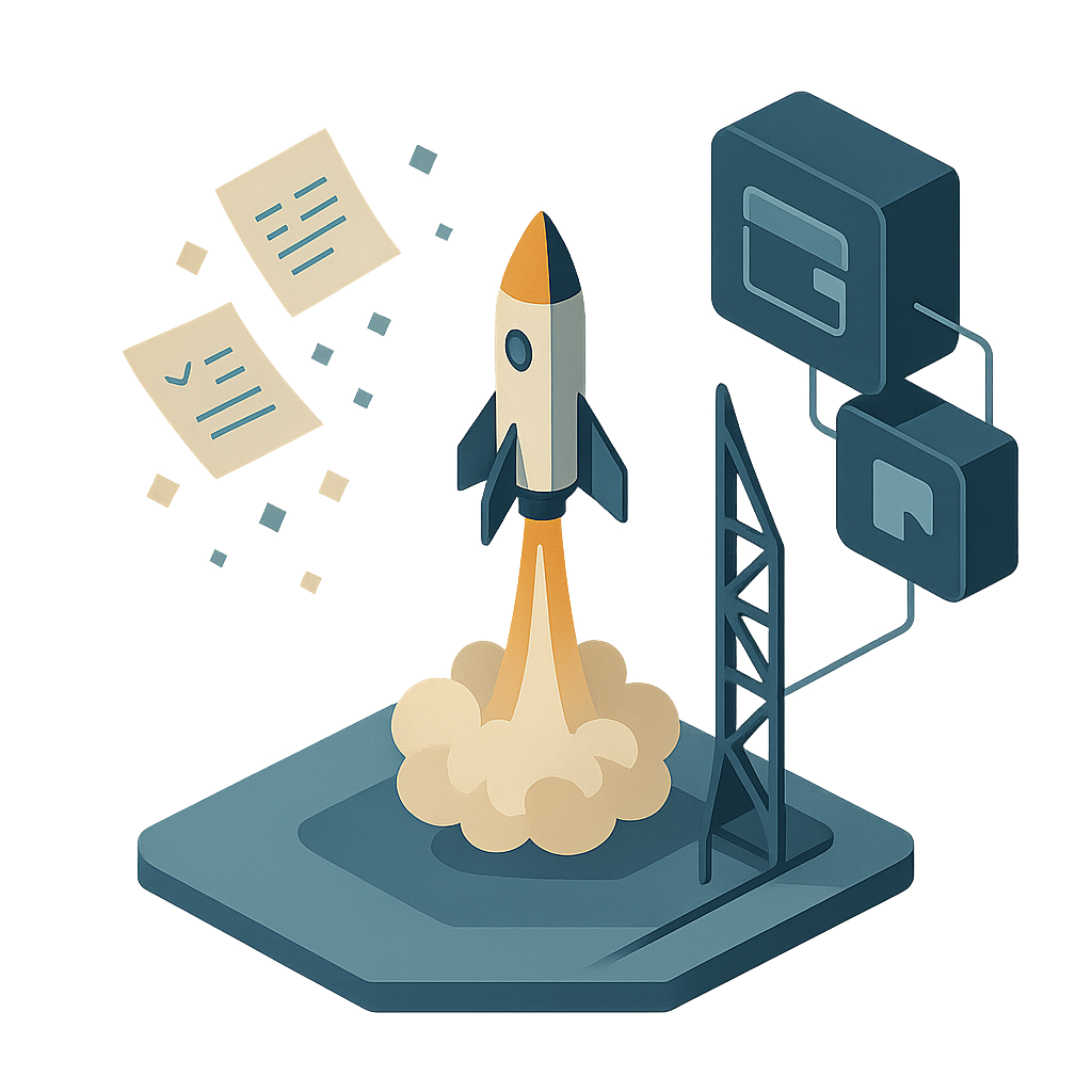 Cohete despegando entre documentos digitales conectado a plataformas de facturaciÃ³n electrÃ³nica